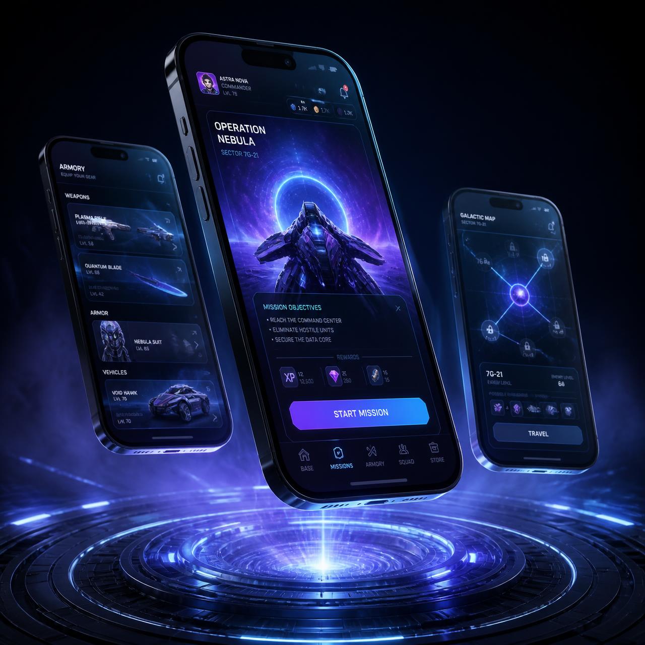 Futuristic Kodavena mobile app interfaces floating above a glowing holographic platform